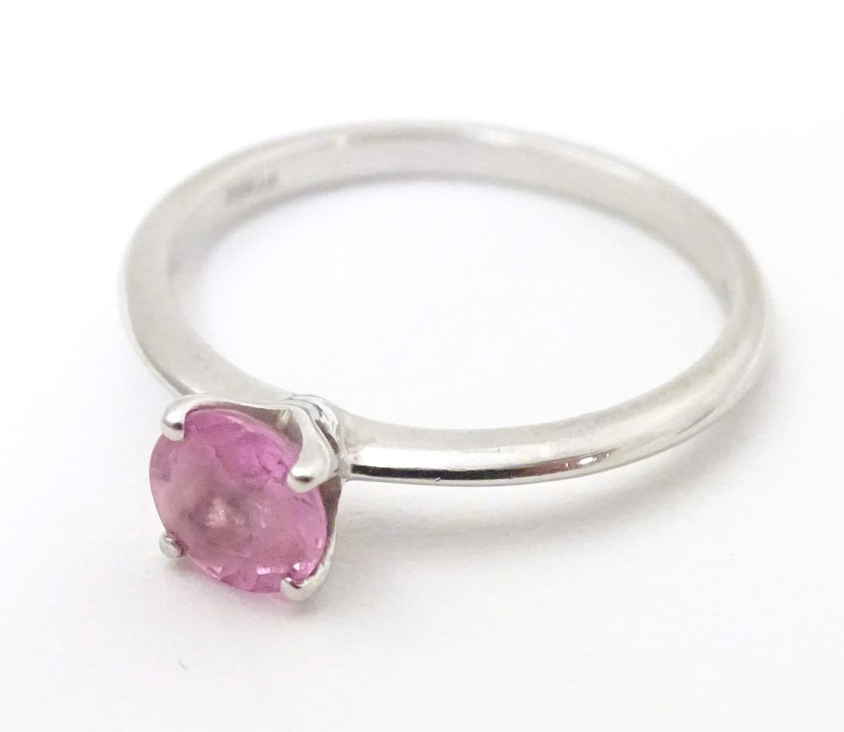 A platinum ring set with pink sapphire solitaire. Ring size approx. O Please Note - we do not make - Image 4 of 7