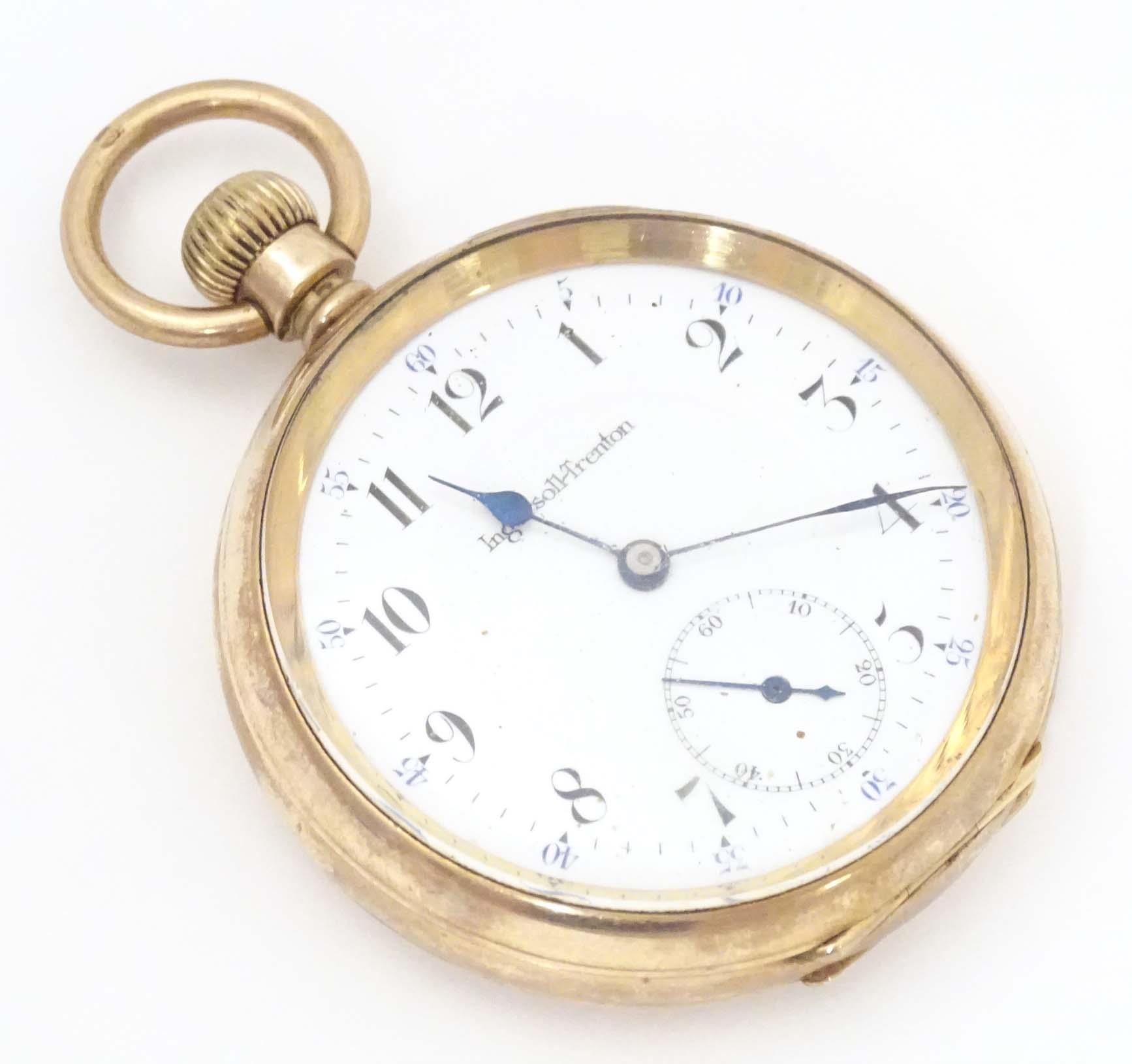 An Ingersol - Trenton 15 jewel pocket watch in a gilt metal case, the enamel dial signed Ingersol- - Image 2 of 11