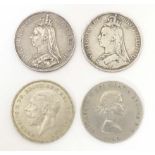 Coins: Four various crowns, two Victorian 1887, 1890 crowns, a Geo V 1935 crown and an Elizabeth
