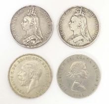 Coins: Four various crowns, two Victorian 1887, 1890 crowns, a Geo V 1935 crown and an Elizabeth