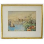 20th century, Watercolour, A naive view of Windsor Castle from the river with figures with a dog