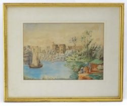 20th century, Watercolour, A naive view of Windsor Castle from the river with figures with a dog