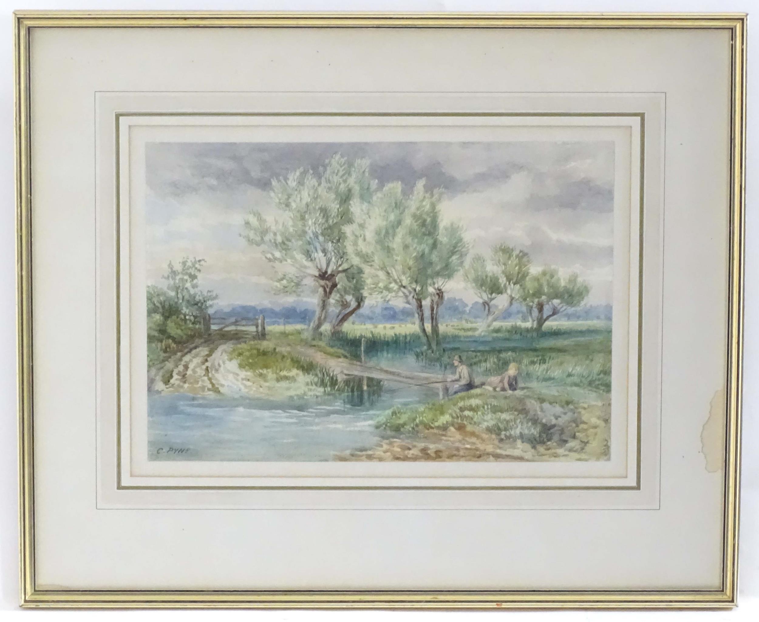 Manner of Charles Pyne, 20th century, Watercolour, A landscape scene with a man fishing by a