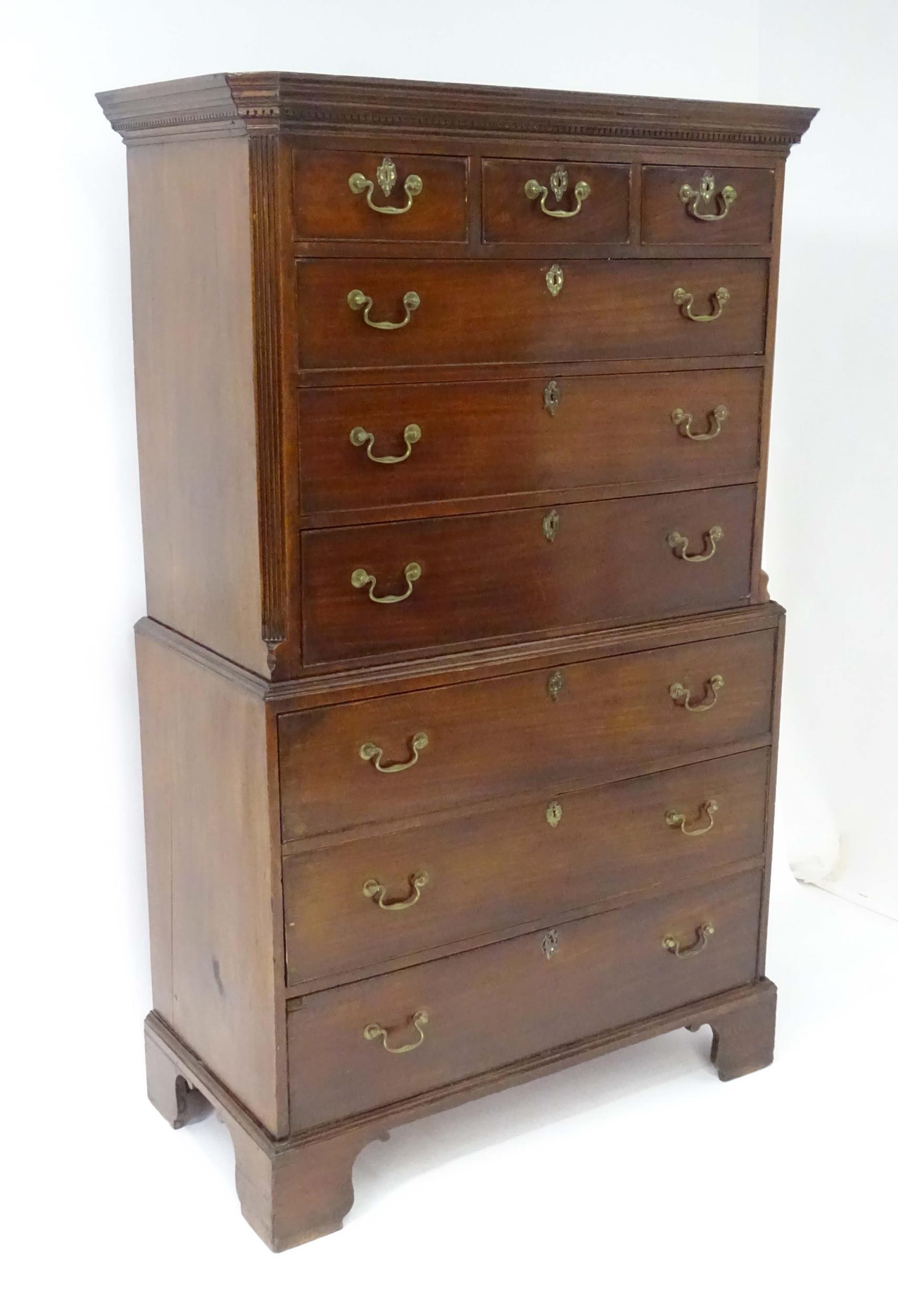 A mid / late 18thC mahogany chest on chest with moulded cornice above a dentil carved frieze, having - Image 7 of 14