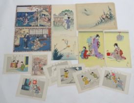 A quantity of assorted Japanese prints to include Suma Beach after Utagawa Kunisada, Ducks and