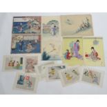 A quantity of assorted Japanese prints to include Suma Beach after Utagawa Kunisada, Ducks and