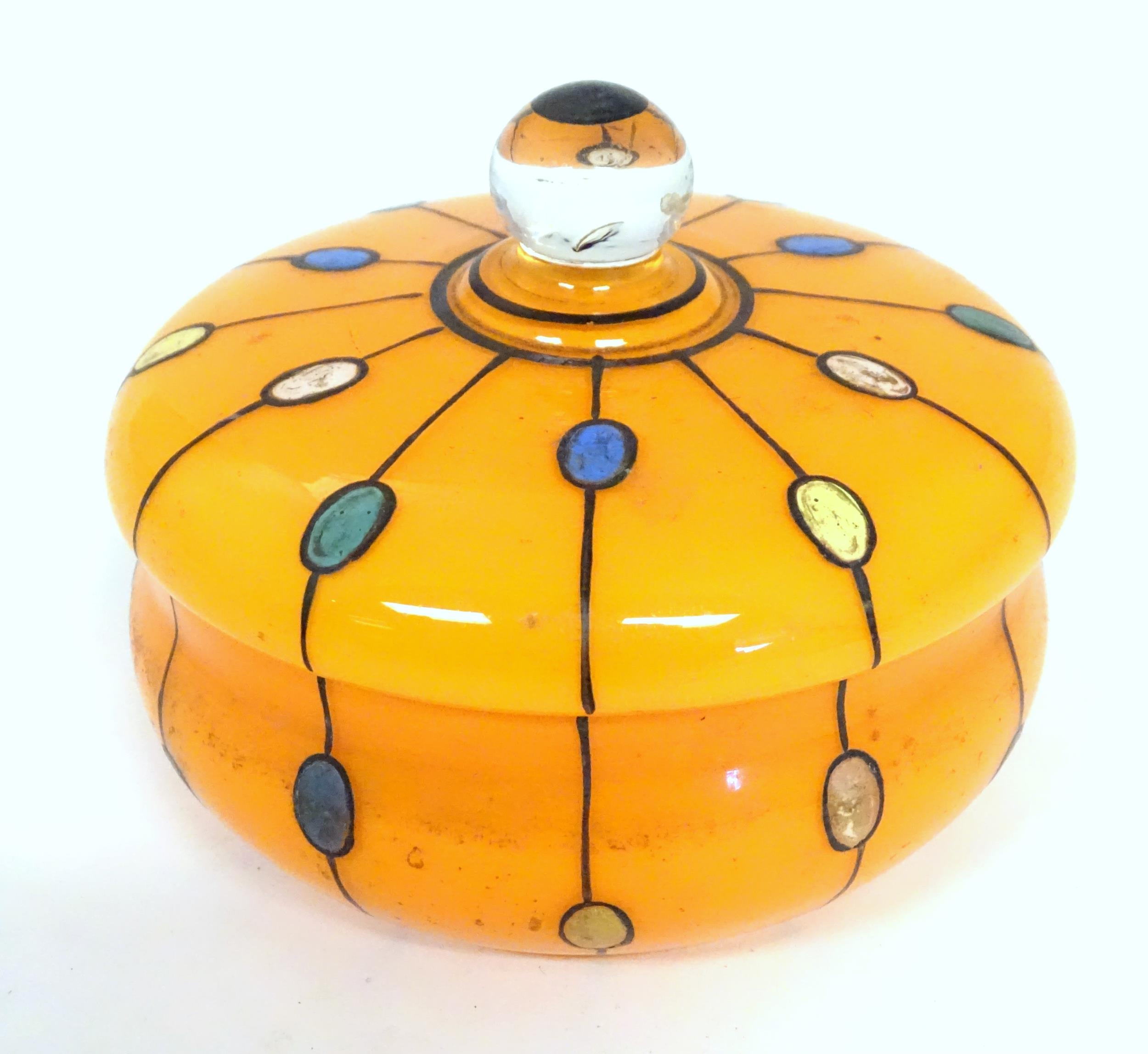 A Continental retro glass powder bowl with orange body and cover and painted detail, inspired by the - Image 5 of 14