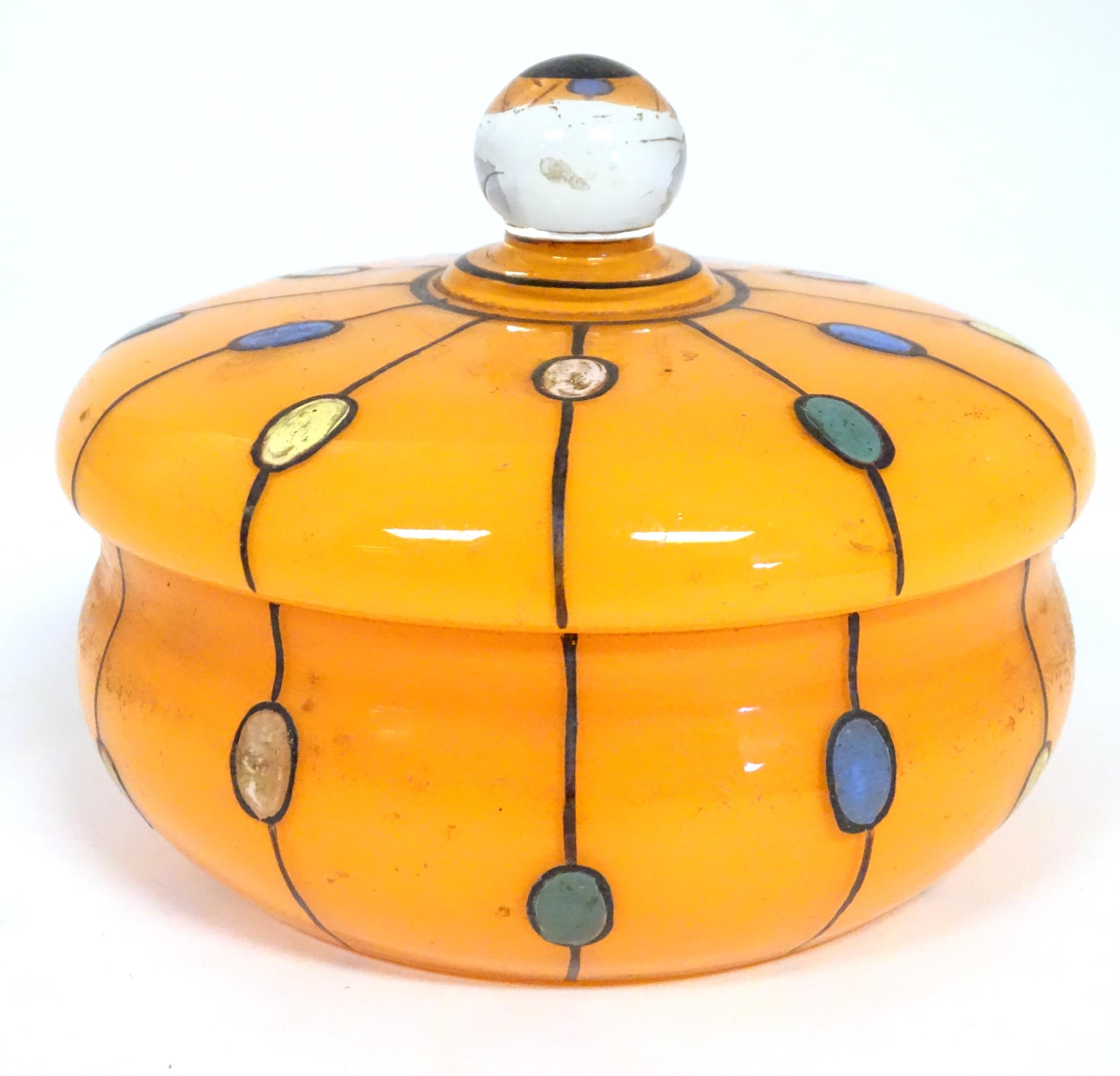 A Continental retro glass powder bowl with orange body and cover and painted detail, inspired by the - Image 8 of 14