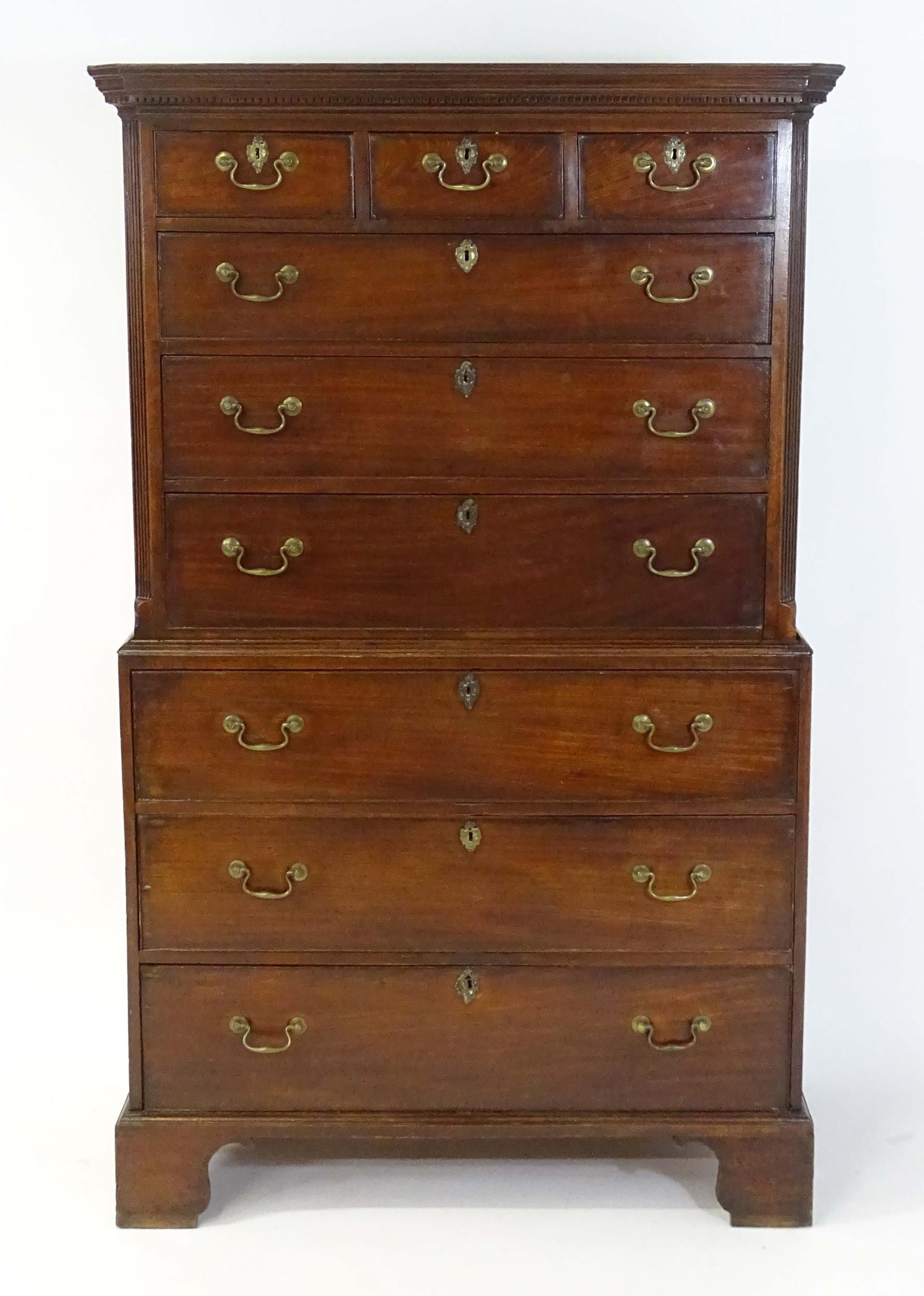 A mid / late 18thC mahogany chest on chest with moulded cornice above a dentil carved frieze, having - Image 4 of 14