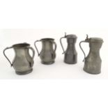 Four items of 19thC pewter, comprising two tygs, each approx. 8 3/8" high, together with two