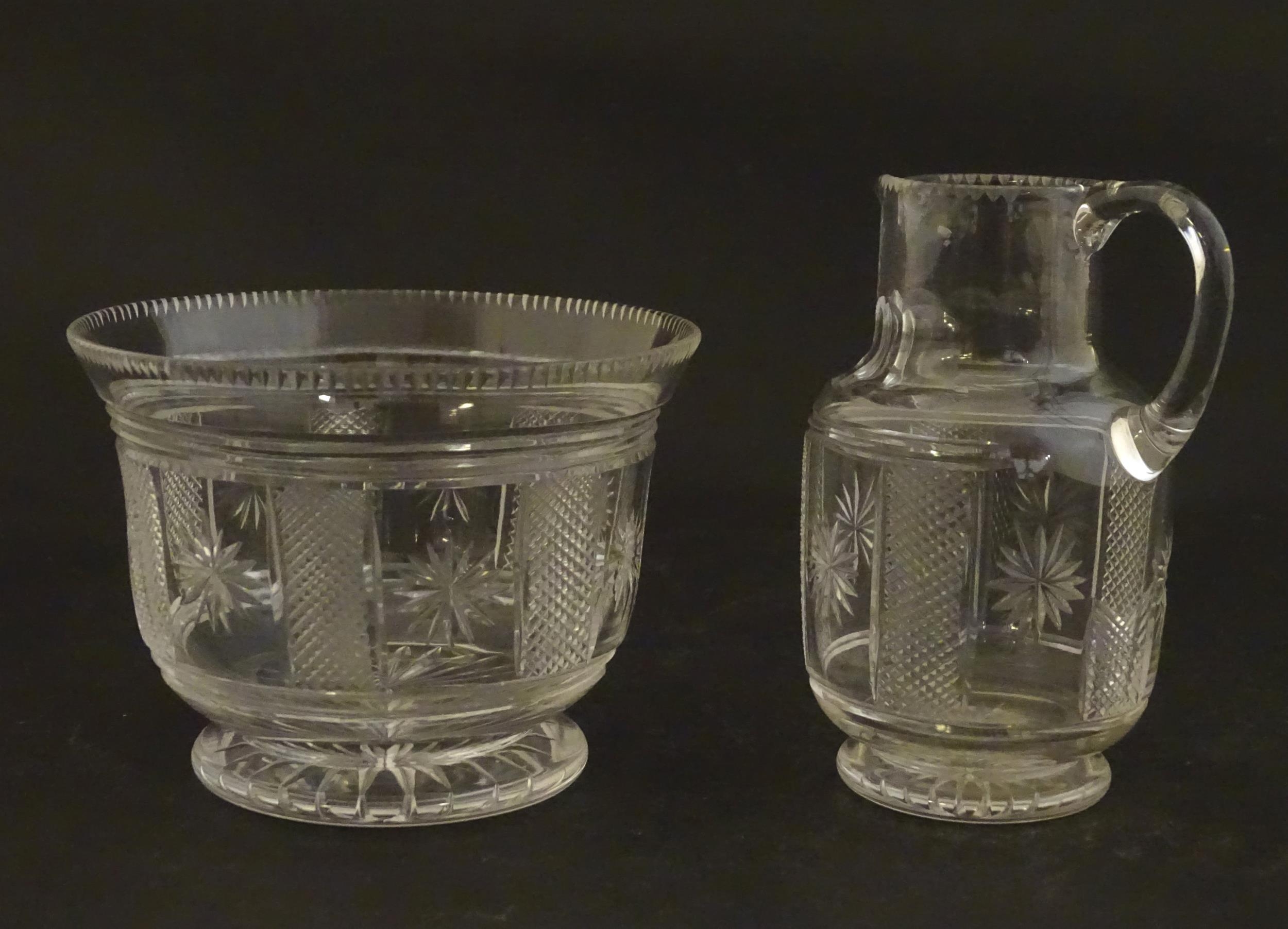 A Victorian glass cream jug and sugar bowl with cut decoration. The jug 3 1/4" high (2) Please - Image 6 of 6