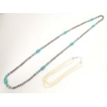 Two necklaces, one set with pearl and turquoise beads. The longest approx. 56" long (2) Please