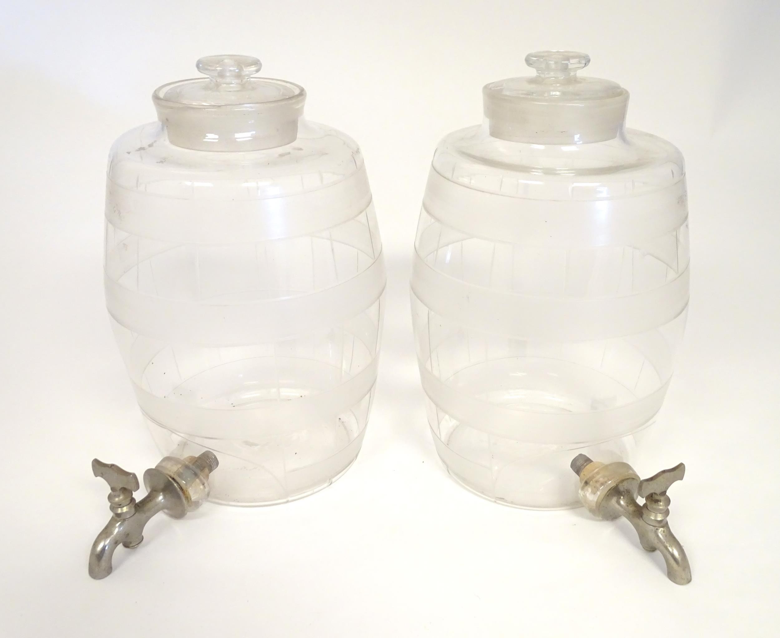 Two Victorian glass spirit / rum barrels with etched decoration and with silver plated taps. - Image 12 of 18