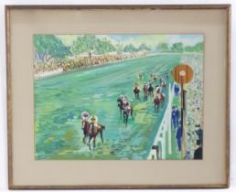 Jean Del Devez (1909-1983), French School, Gouache, A horse race with jockeys and spectators. Signed