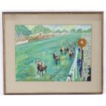 Jean Del Devez (1909-1983), French School, Gouache, A horse race with jockeys and spectators. Signed