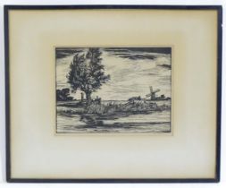Tom Robins, Early 20th century, Woodcut, A river landscape with a windmill. Signed and dated 1921 in