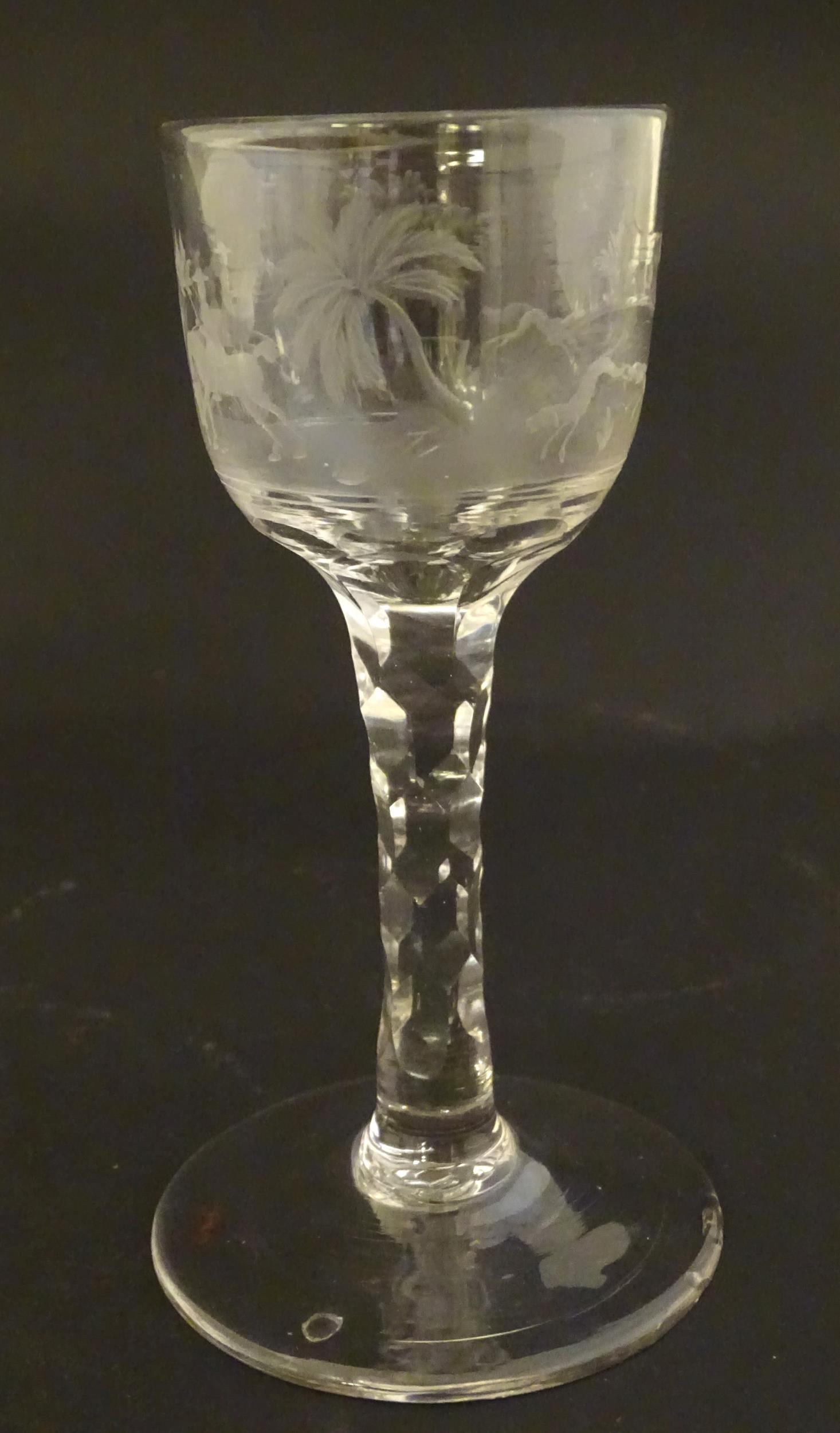 two 19thC glass drinking glasses one with etched hunting scenes. The tallest 6 1/2" high (2) - Image 6 of 10
