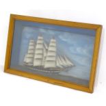 A painted maritime diorama depicting a clipper ship in full sail. 15 1/2" high x 26 1/4" wide x 4