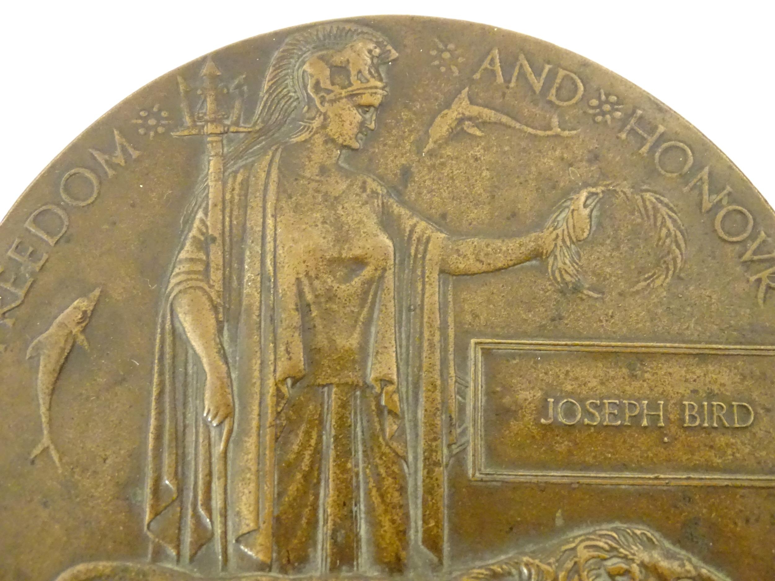 Militaria, WW1 / WWI / World War 1 / First World War : a bronze death plaque depicting Britannia and - Image 6 of 7