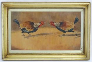 Edgar Beale, 20th century, Oil on board, Fighting Cocks, Two cockerels / roosters. Signed lower