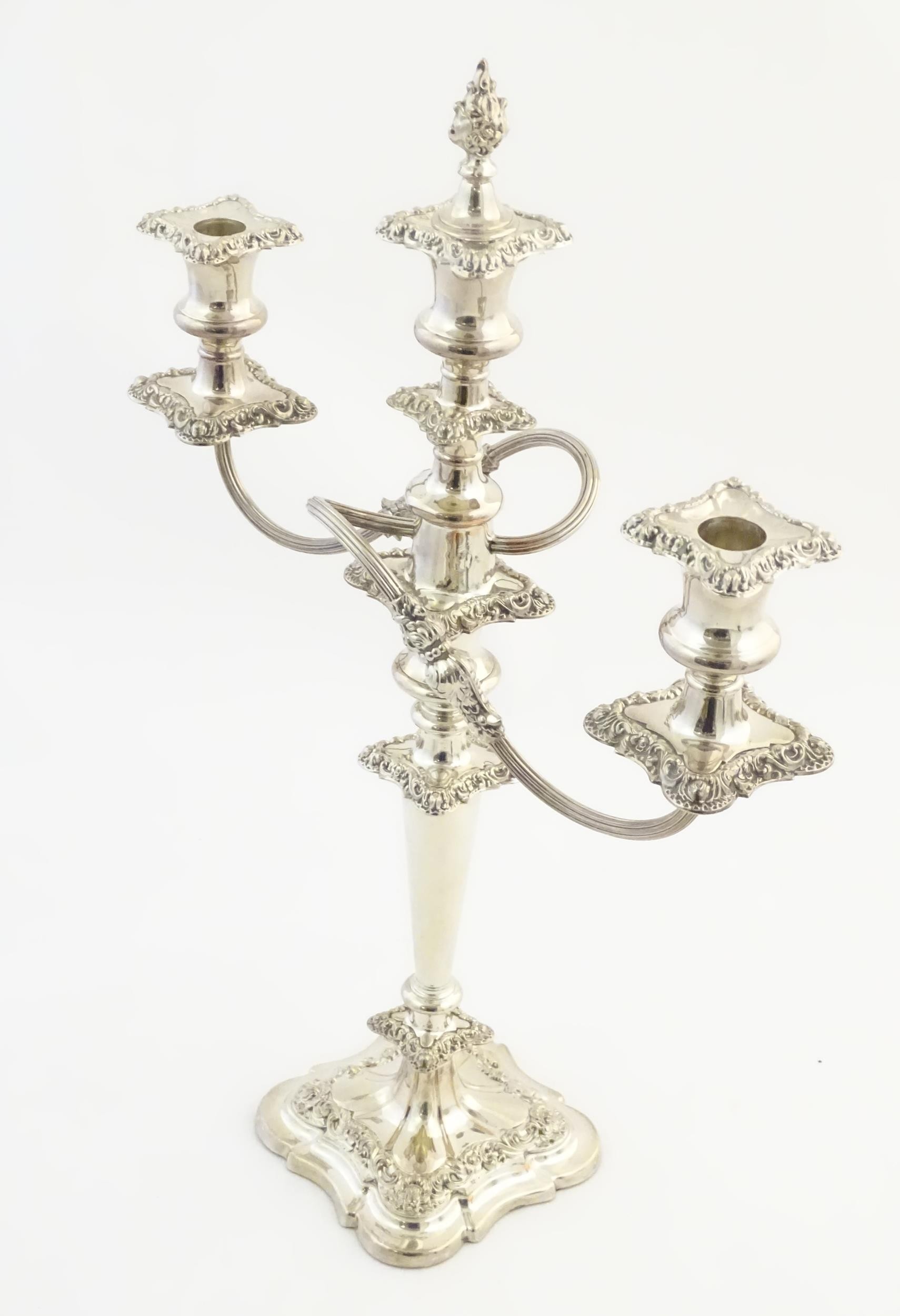 A silver plate table candelabra with two scrolling branches and acanthus scroll detail. Approx 21" - Image 5 of 8
