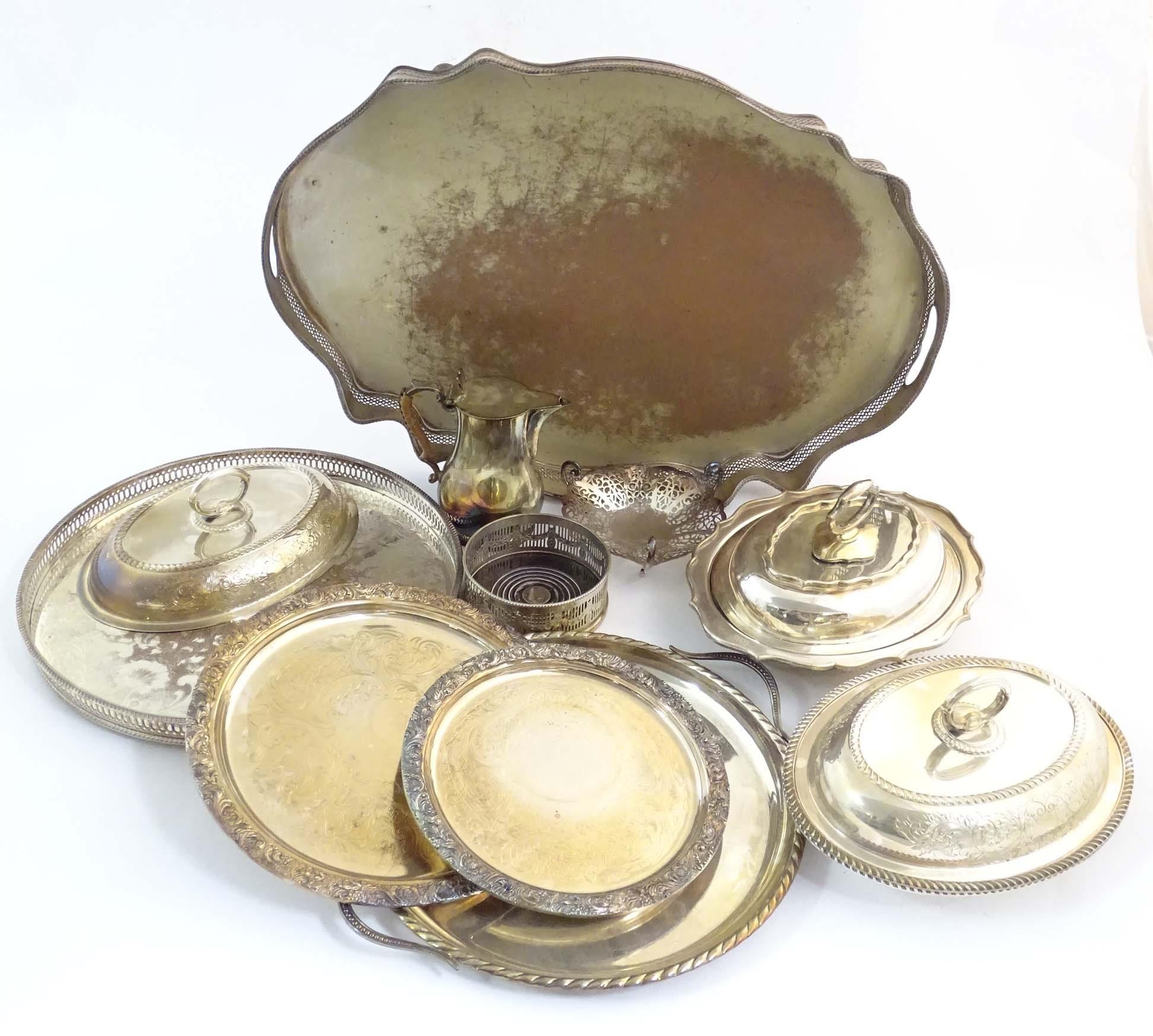 A quantity of assorted silver plated wares to include serving dishes some by Barker Ellis,