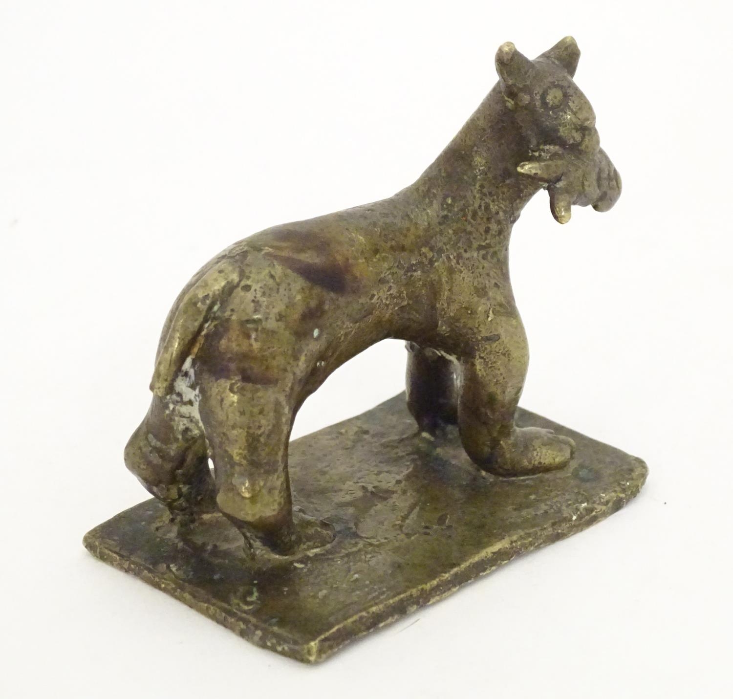 An 18th / 19th century naive bronze model of a standing cat with a fish, on a rectangular base. - Image 4 of 7