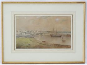 R. P. Herdman, 19th century, Watercolour, A view of an estuary with town, pier, boats and figures.