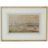 R. P. Herdman, 19th century, Watercolour, A view of an estuary with town, pier, boats and figures.