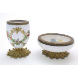 A French white glass bowl with hand painted floral detail and gilt brass mounts 4" diameter together