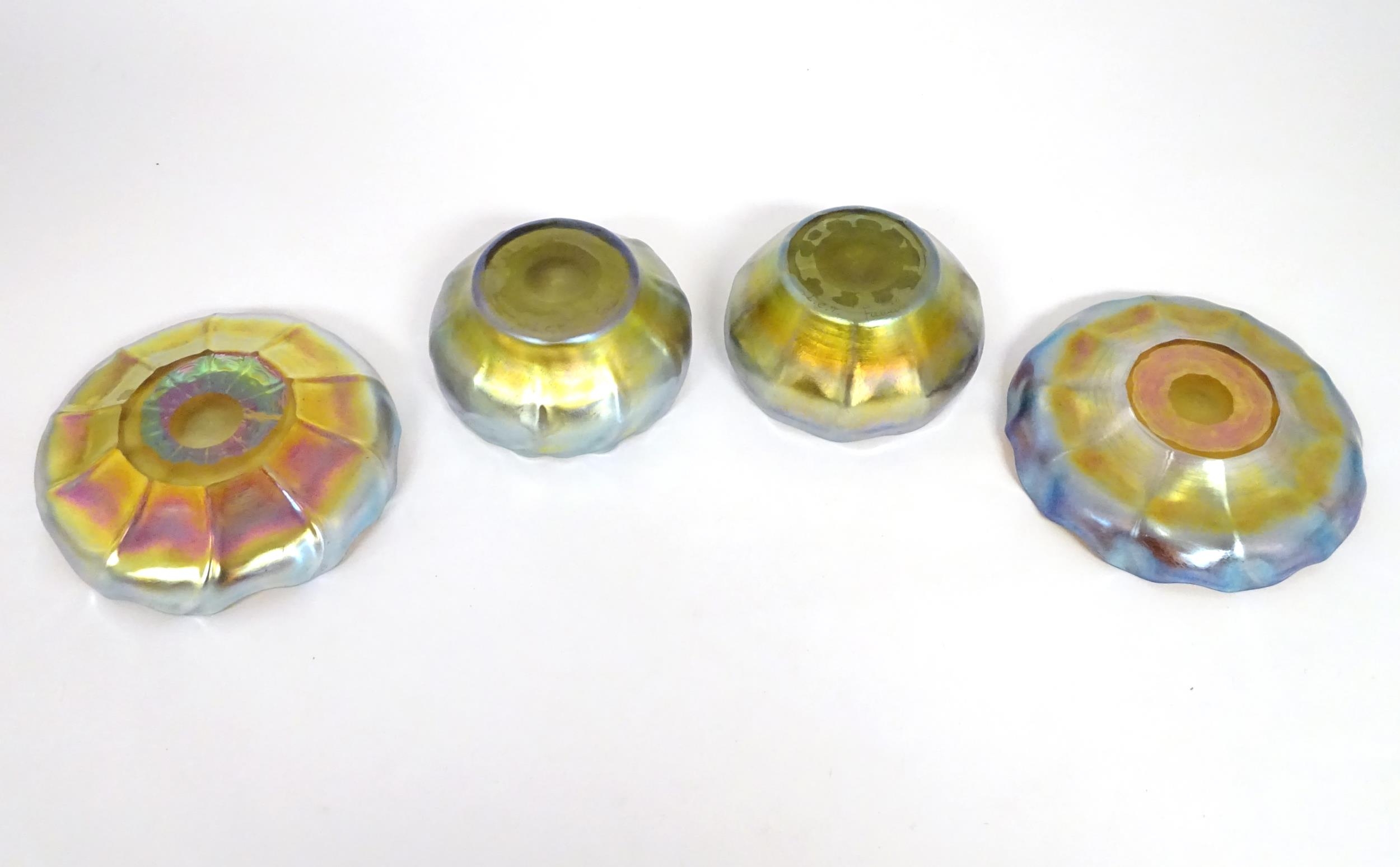 Tiffany Glass : Two Louis Comfort Tiffany Favrile glass finger bowls and stands. Signed under 'L.C.T - Image 6 of 9