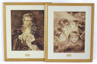 Mrs Edwards (nee Hedges), 19th century, Two sepia watercolours, Heads of Angels after Sir Joshua