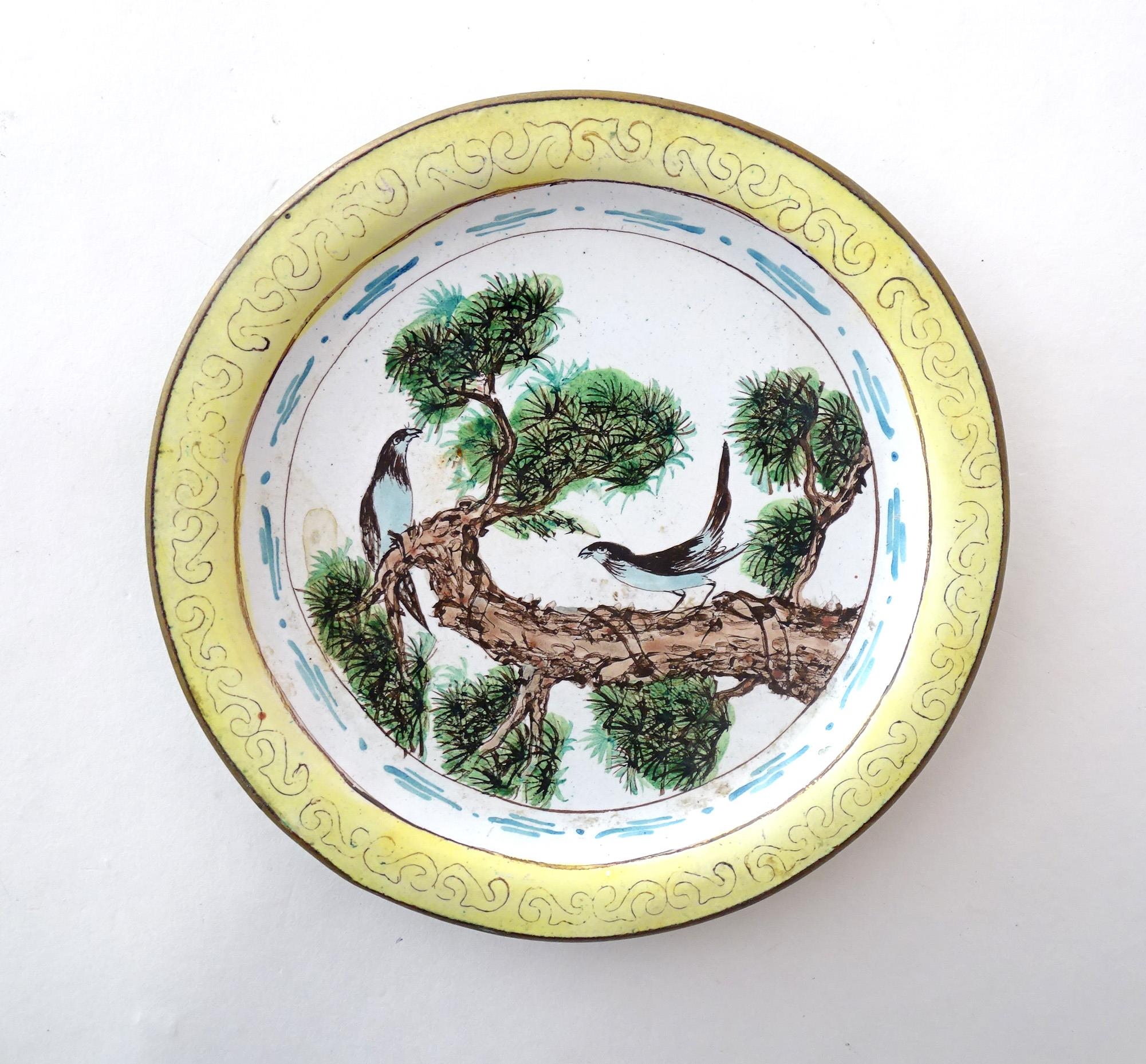 A Chinese / Cantonese famille jeune dish with enamel detail depicting two birds on a branch. Approx.