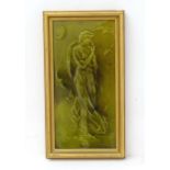 A framed majolica tile with relief decoration depicting a lady in a night time landscape with bats