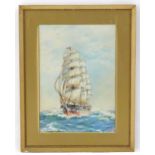 20th century, Watercolour and gouache, A sailing ship in in full sail at sea. Signed with monogram