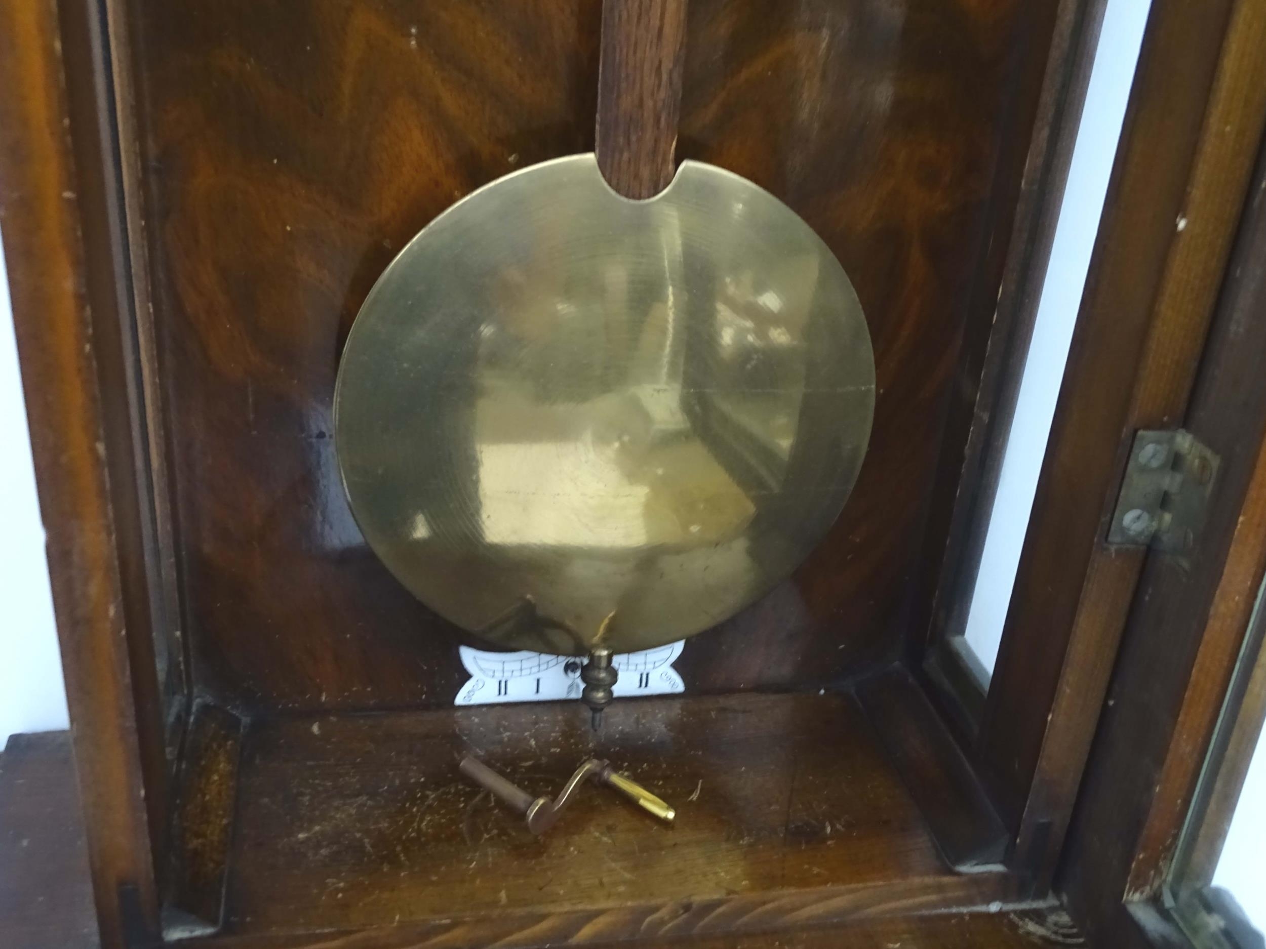 A Victorian walnut cased Vienna regulator wall clock with twin weight driven movement and white - Image 8 of 14