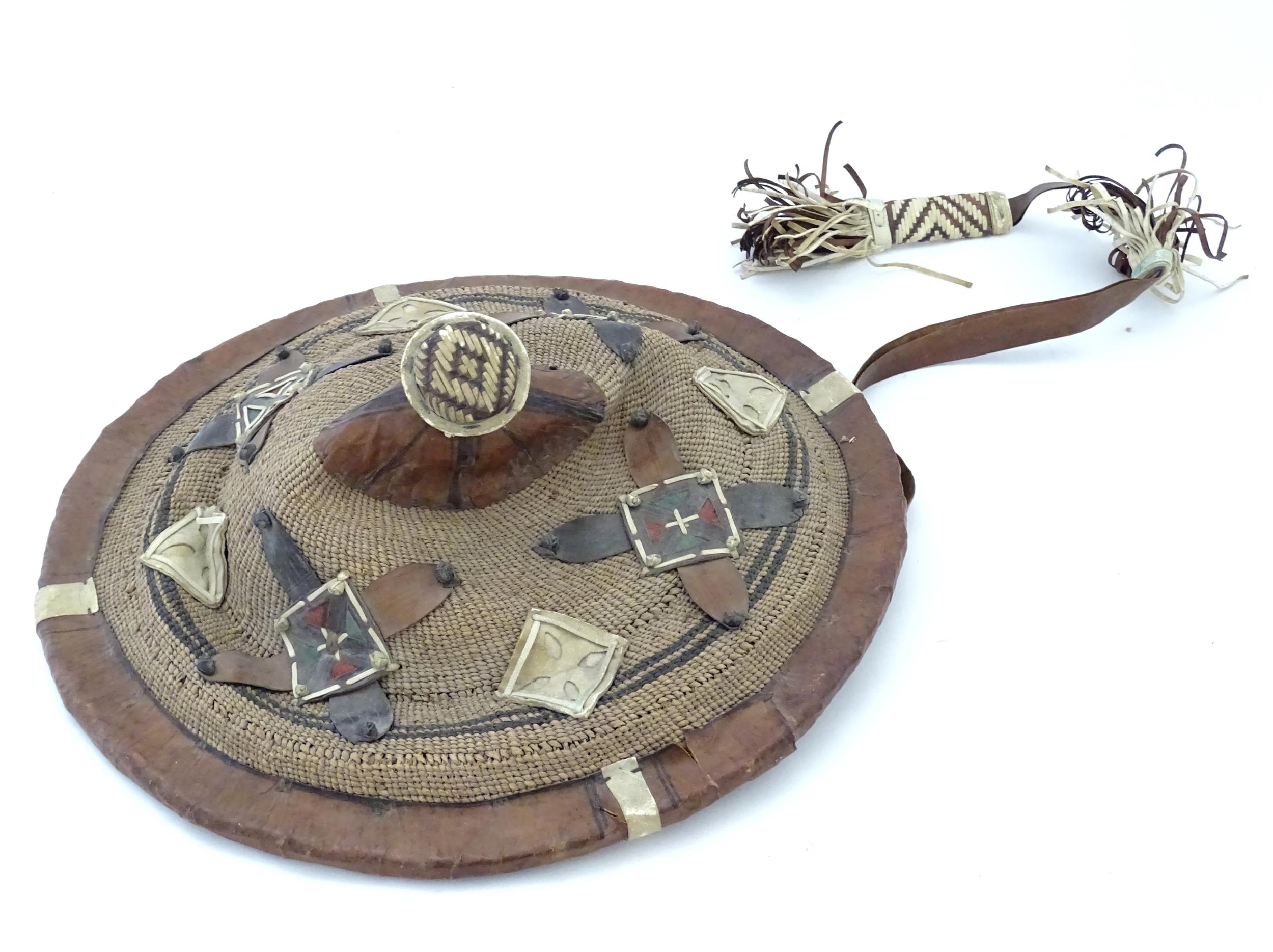 Ethnographic / Native / Tribal: A West African Fulani woven hat with applied leather detail. Approx. - Image 3 of 7