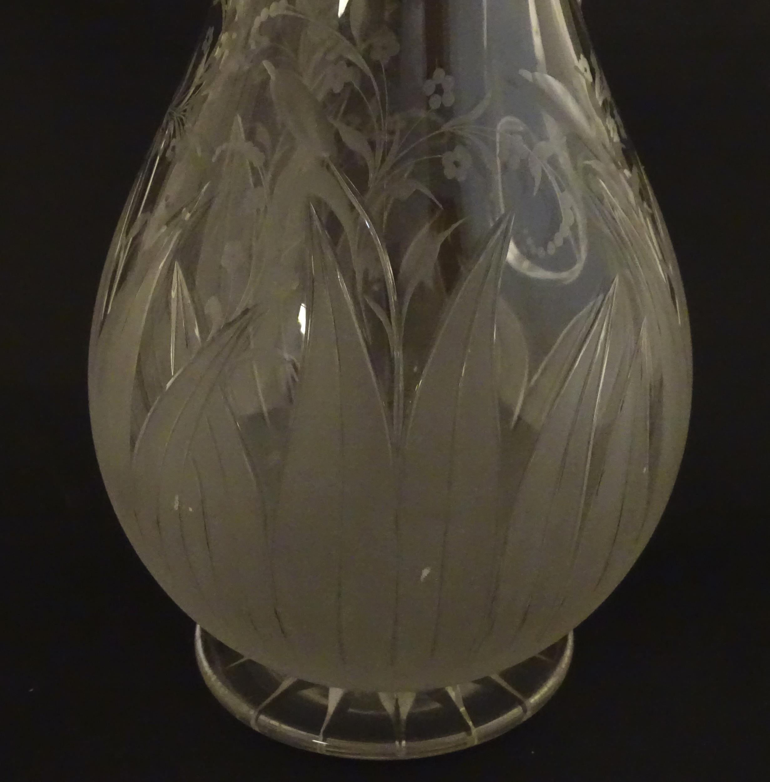 A pair of 19thC jugs with etched decoration depicting floral and foliate detail probably by - Image 6 of 9