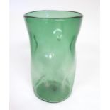 A large retro green glass vase with dimple detail. 12 1/2" high x 8" diameter Please Note - we do