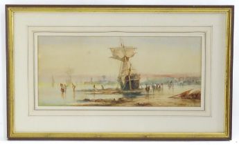 William Calcott Knell (1830-1880), Marine School, Watercolour, A harbour scene with a moored ship