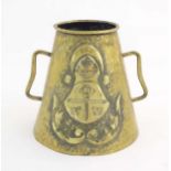 An early 20thC Basque Mugaritz brass milk pail, decorated with the municipal arms of Pau (Pyranees