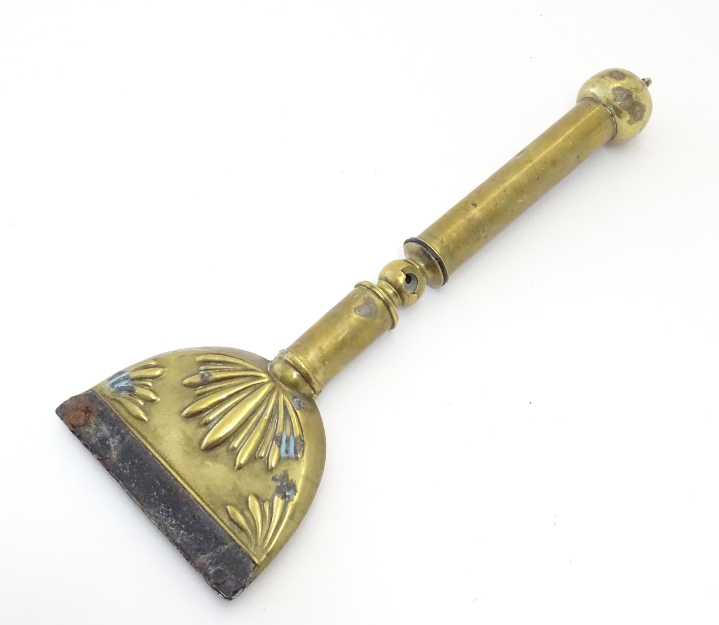 A 19thC brass horse hair singer / singeing lamp with embossed shell detail. Approx. 13 3/4" long - Image 5 of 6