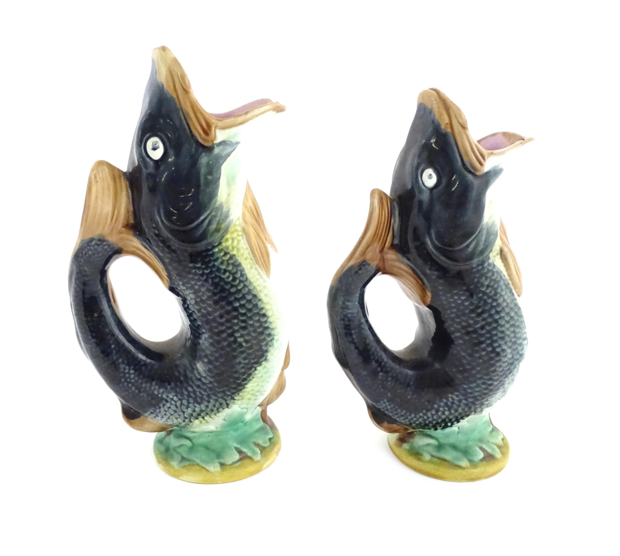 Two Victorian majolica gurgle jugs modelled as fish. Marked under 116. Largest approx. 9 3/4" - Image 5 of 16