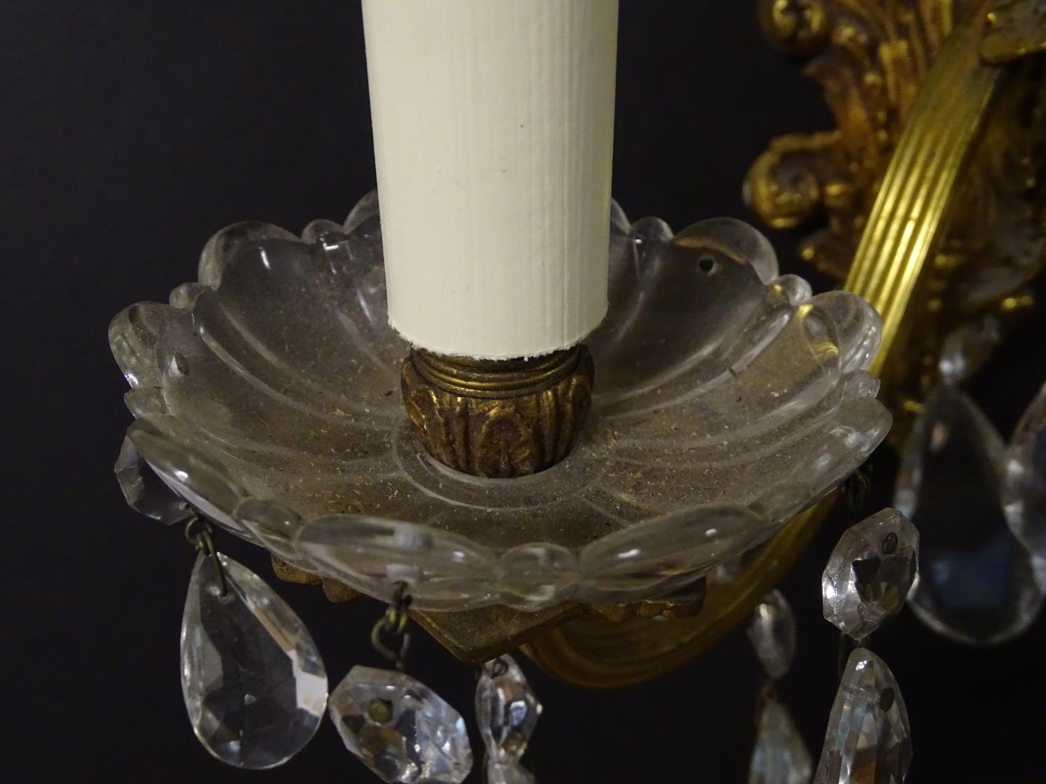 A pair of 20thC gilt twin branch wall lights, the gilt mounts supporting cut glass cups with - Image 7 of 15