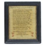 An early 19thC sampler / needlework embroidery listing the children of Thomas and Martha Watkin N C,