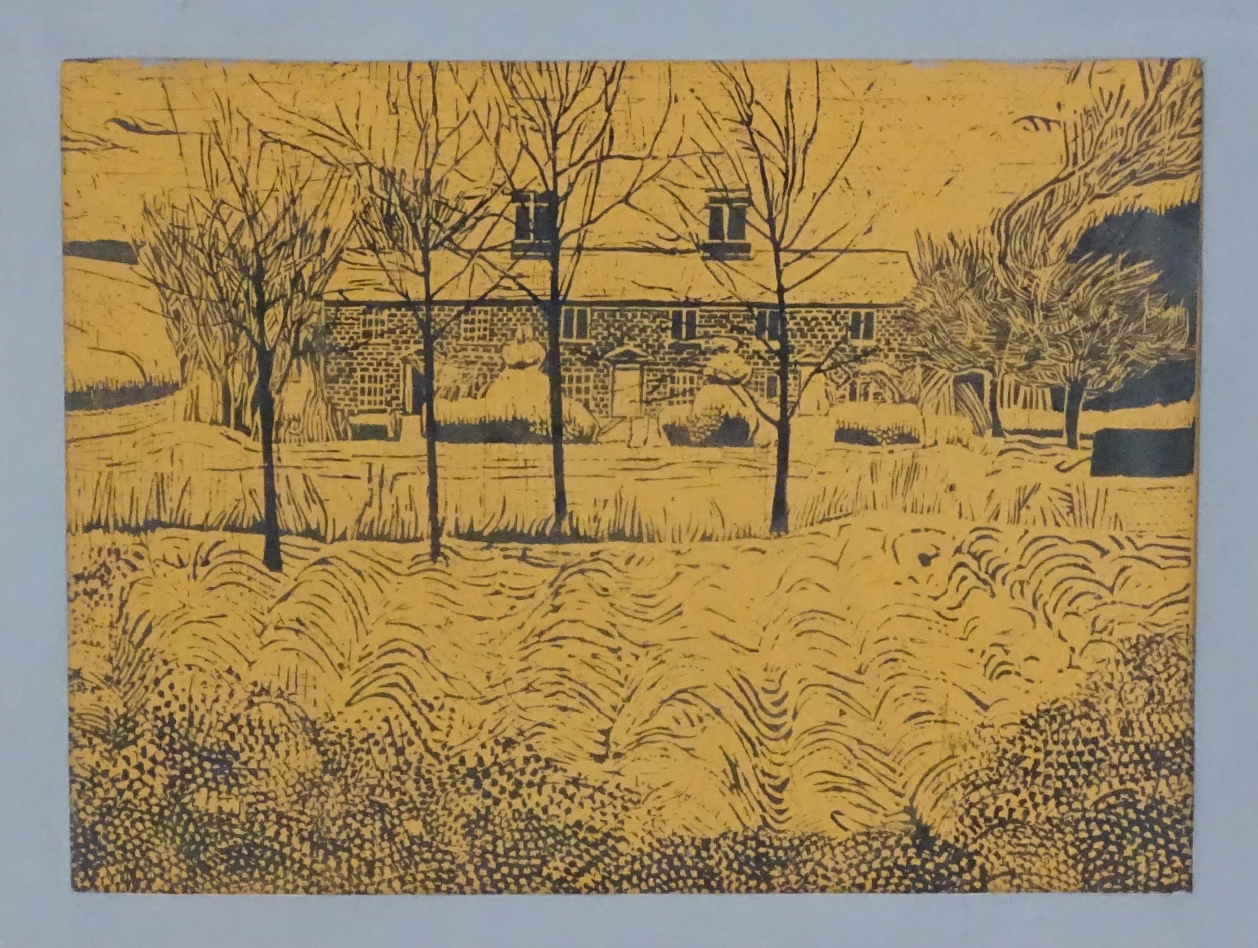 20th century, Linocut print, A landscape with a view of a house with trees and figural topiary. - Image 3 of 3