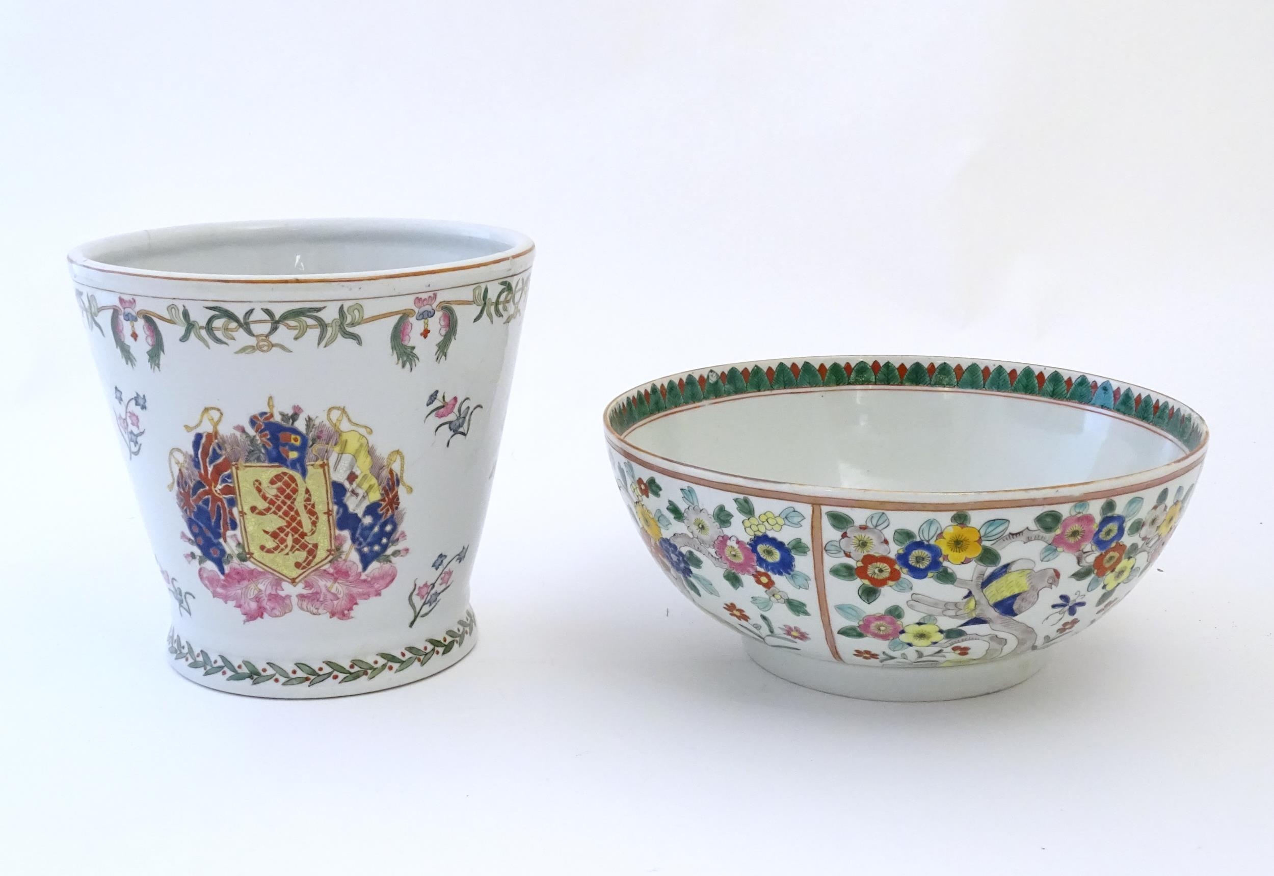 A Chinese bowl decorated with birds and flowers. Together with a Chinese planter / jardiniere of - Image 5 of 9