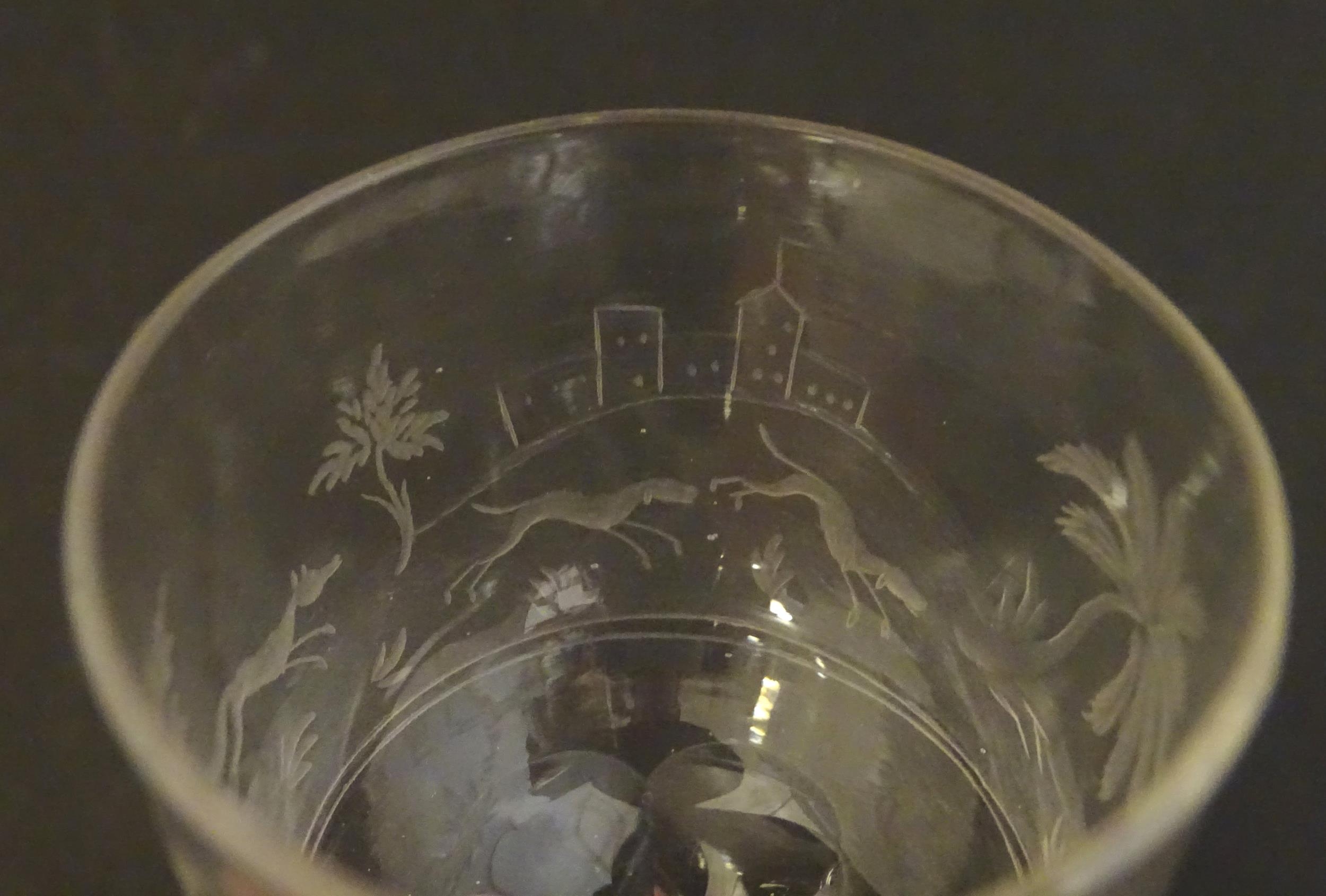 two 19thC glass drinking glasses one with etched hunting scenes. The tallest 6 1/2" high (2) - Image 9 of 10