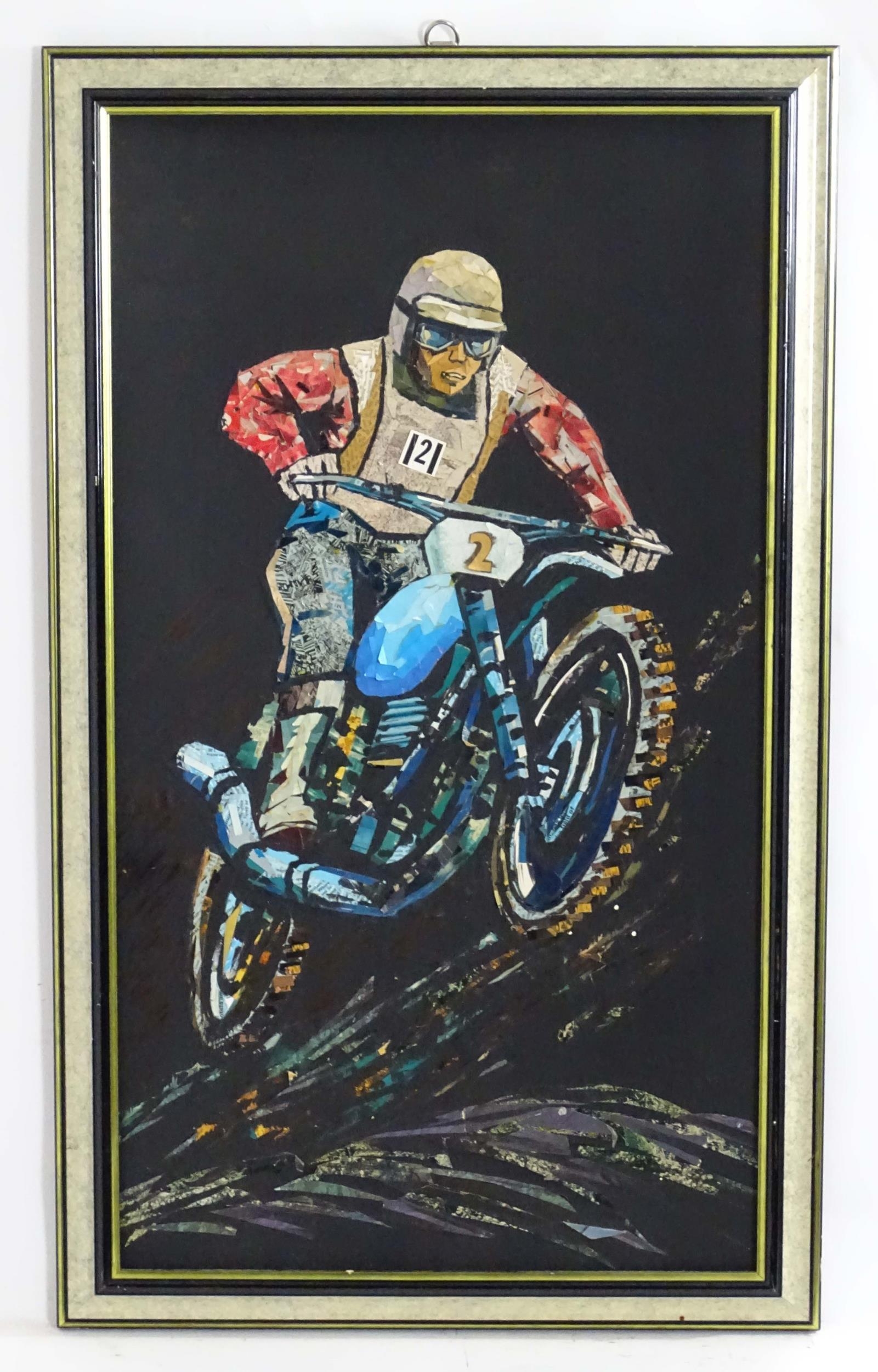 20th century, Collage, A portrait of a motorcycle / speedway / motocross rider. Approx. 29 1/4" x 16