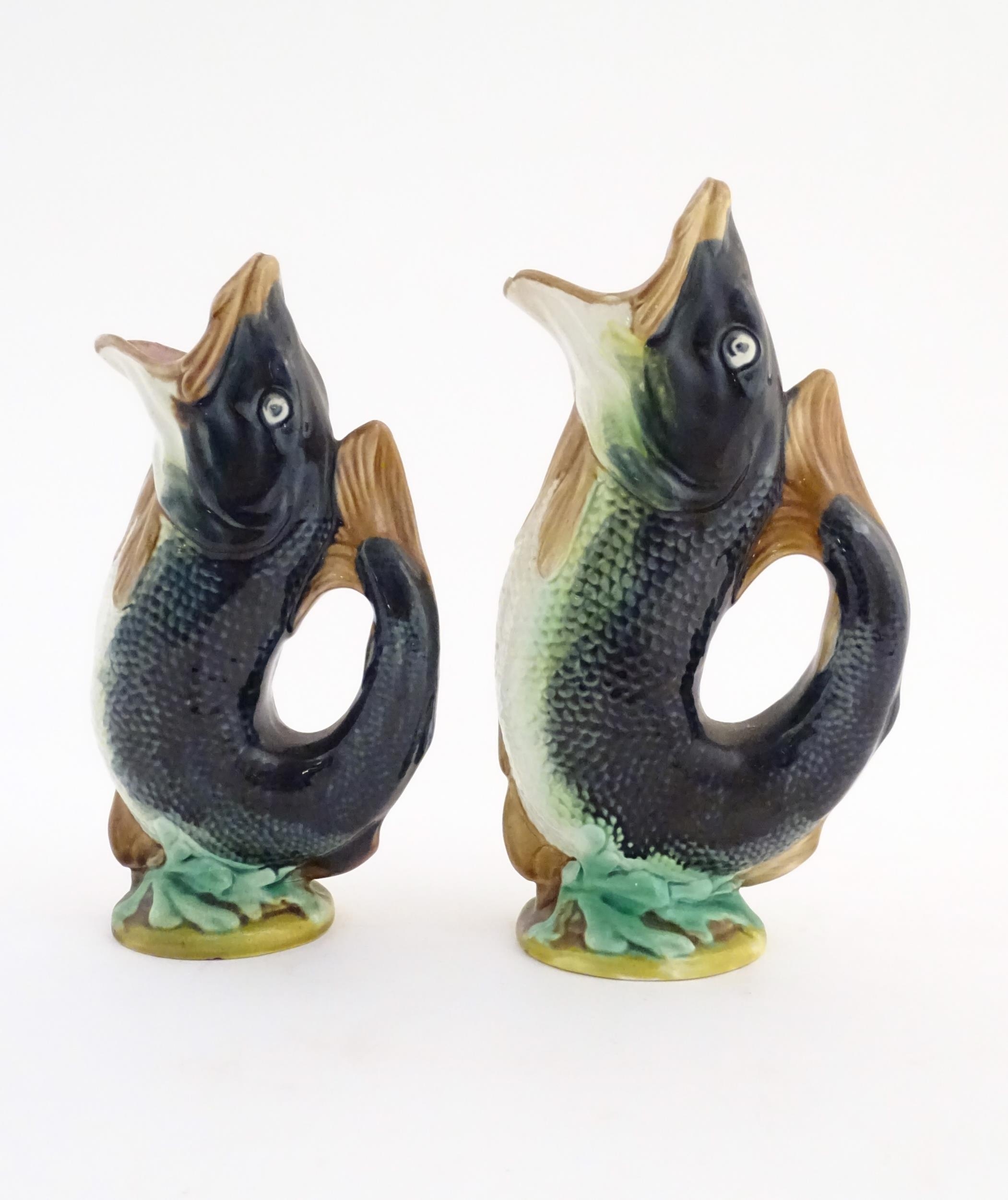 Two Victorian majolica gurgle jugs modelled as fish. Marked under 116. Largest approx. 9 3/4" - Image 13 of 16